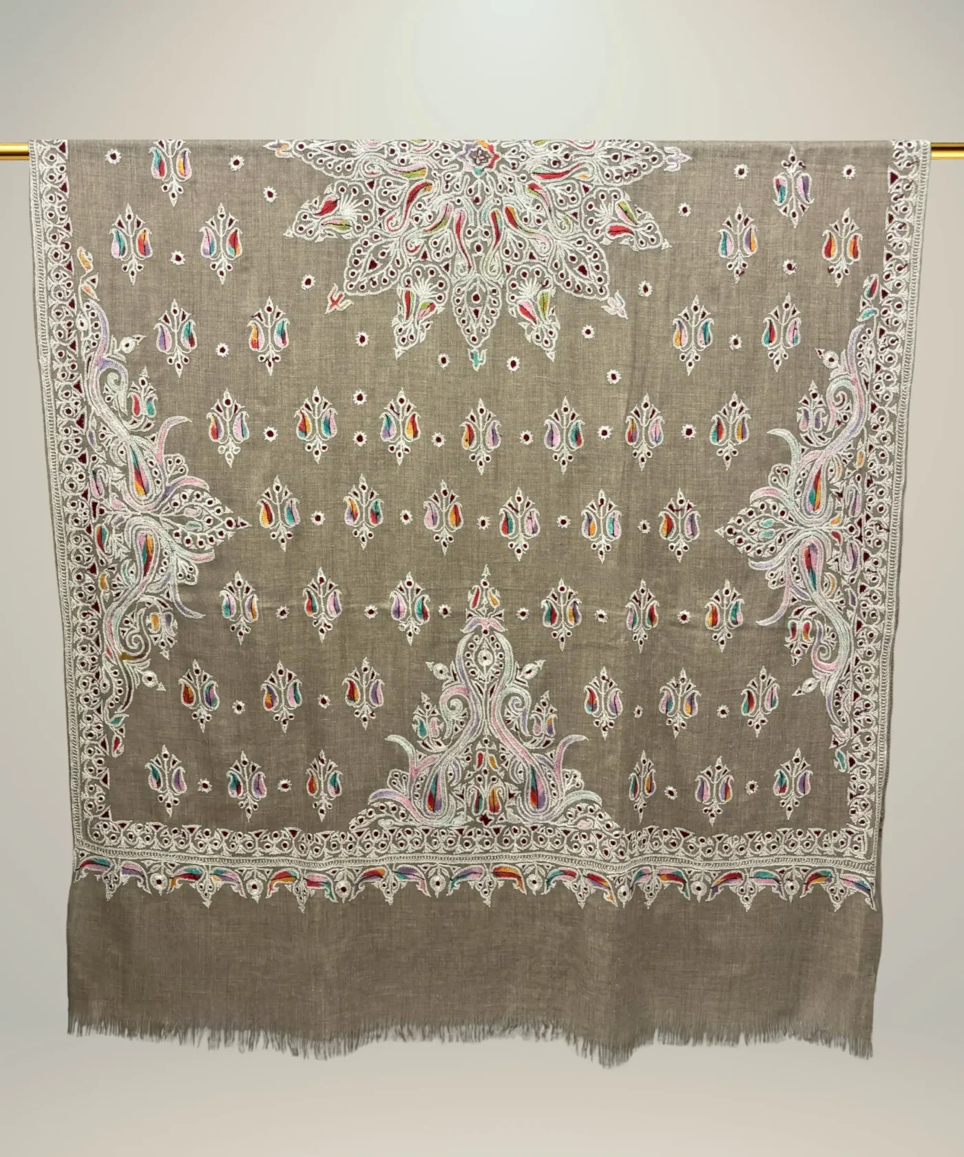 Handmade Pashmina Shawl in Slate Grey With Zari Embroidery - Image 4